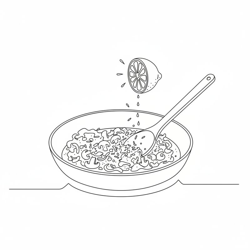 Illustration: die Pilzmischung wird mit einem Holzlöffel in der vom Herd genommenen Pfanne gerührt, während der Saft einer halben Zitrone hineintropft