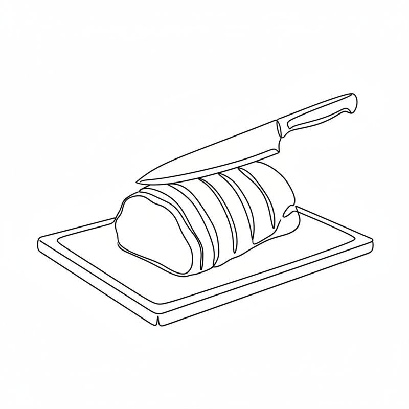 Illustration: ein großes Kochmesser schneidet auf einem Brett Scheiben in einen Schweinenacken, ohne ganz durchzuschneiden