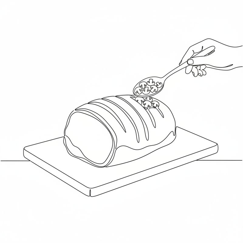 Illustration: ein Löffel verteilt Pilzfüllung in die Einschnitte des Schweinenackens