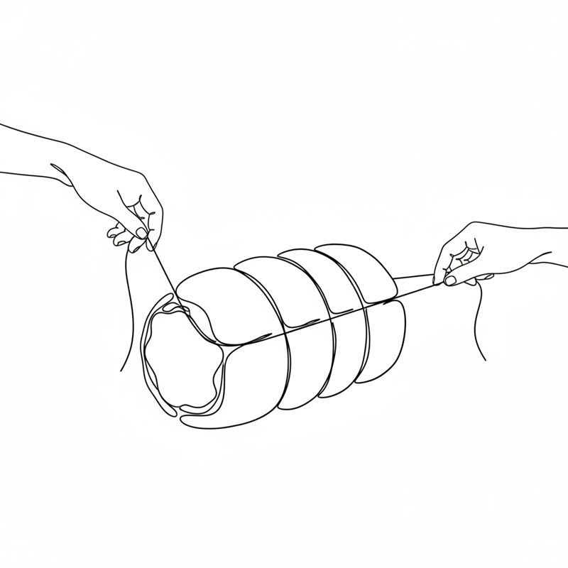 Illustration: zwei Hände binden Küchengarn längs straff um den gefüllten Braten