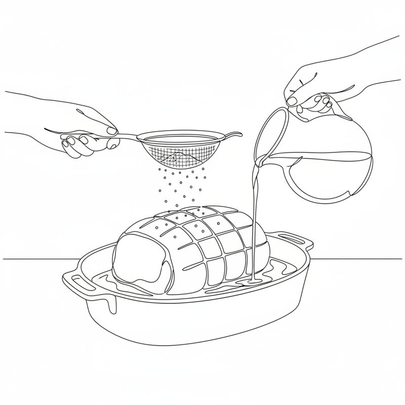 Illustration: der gebundene Braten liegt in einer Auflaufform auf der Arbeitsplatte, während Mehl darübergesiebt und Brühe angegossen wird
