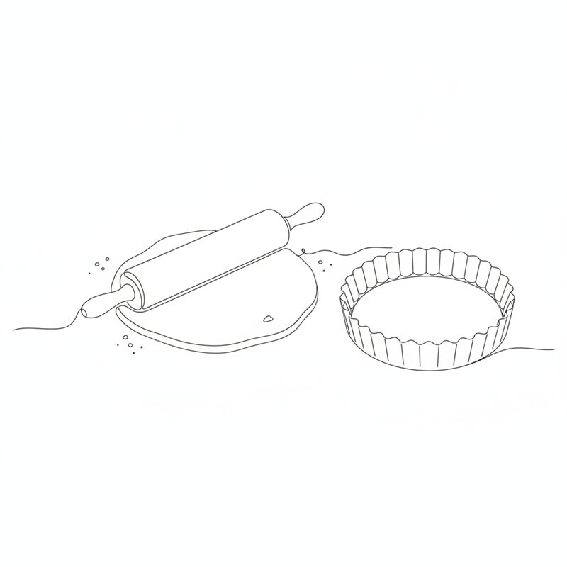 Illustration: ein Nudelholz rollt eine Teigplatte auf bemehlter Fläche aus, daneben eine leere geriffelte Quicheform