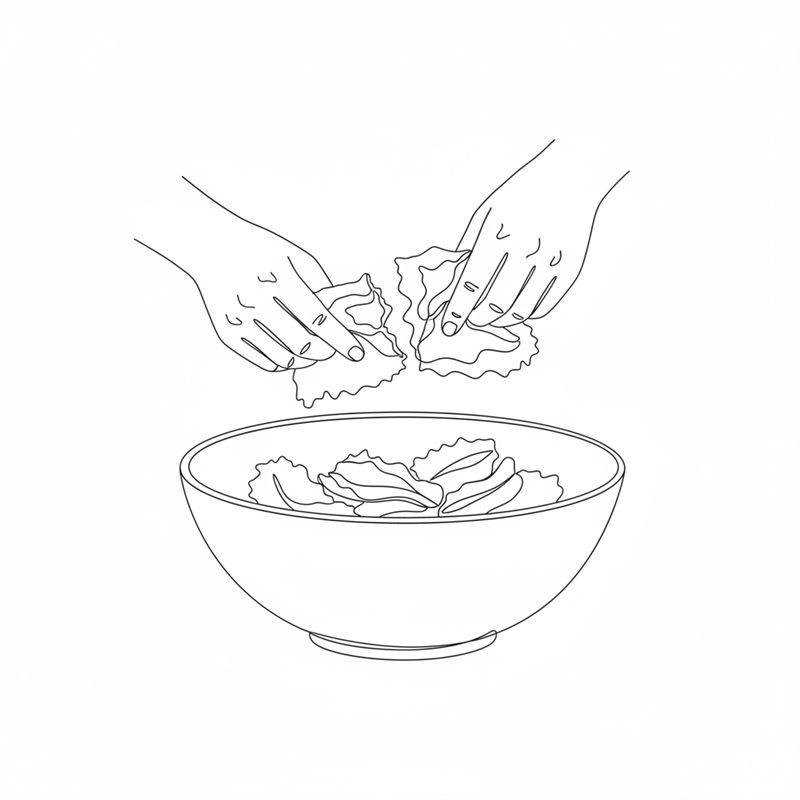 Illustration: zwei Hände zupfen ein großes Salatblatt über einer Schüssel in zwei Hälften