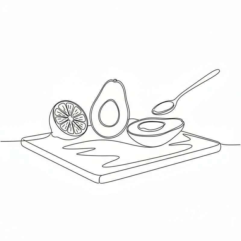 Illustration: eine längs halbierte Avocado, der Kern entfernt, das Fruchtfleisch wird mit einem Löffel herausgelöst, daneben eine halbe Zitrone