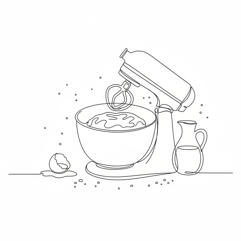 Illustration: eine Küchenmaschine knetet mit dem Knethaken einen glänzenden Hefeteig, daneben Ei, Öl und Mehl