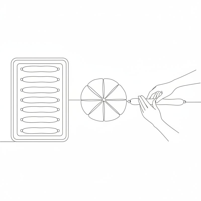 Illustration: der Teig ist in acht Stücke geteilt, zwei Hände rollen ein Stück zu einem länglichen Strang neben einem Backblech