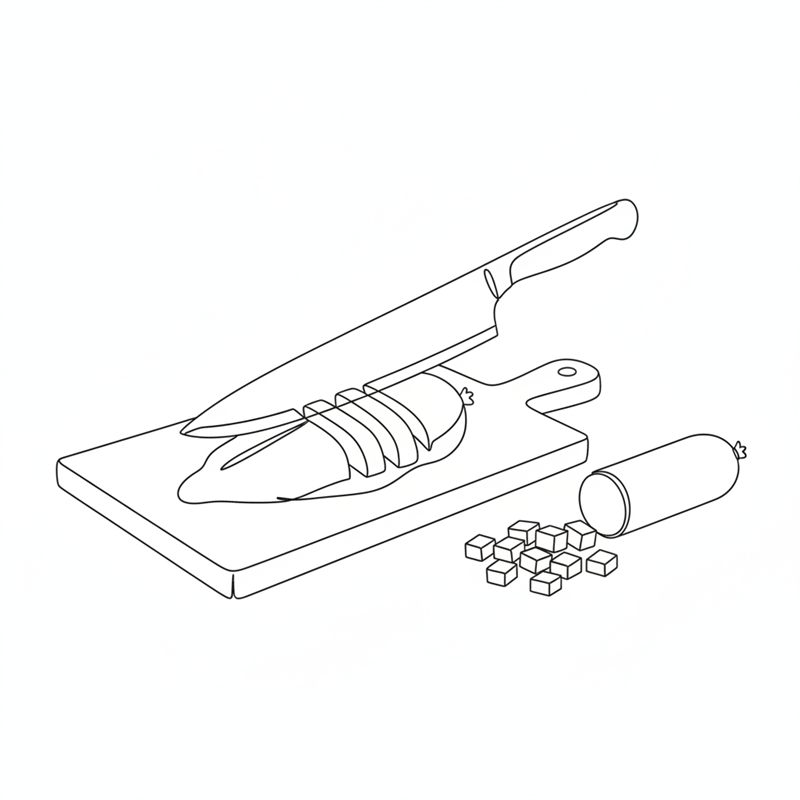 Illustration: ein Kochmesser schneidet ein Hähnchenbrustfilet auf einem Brett in Streifen, daneben eine ganze Chorizo und ein Häufchen Wurstwürfel