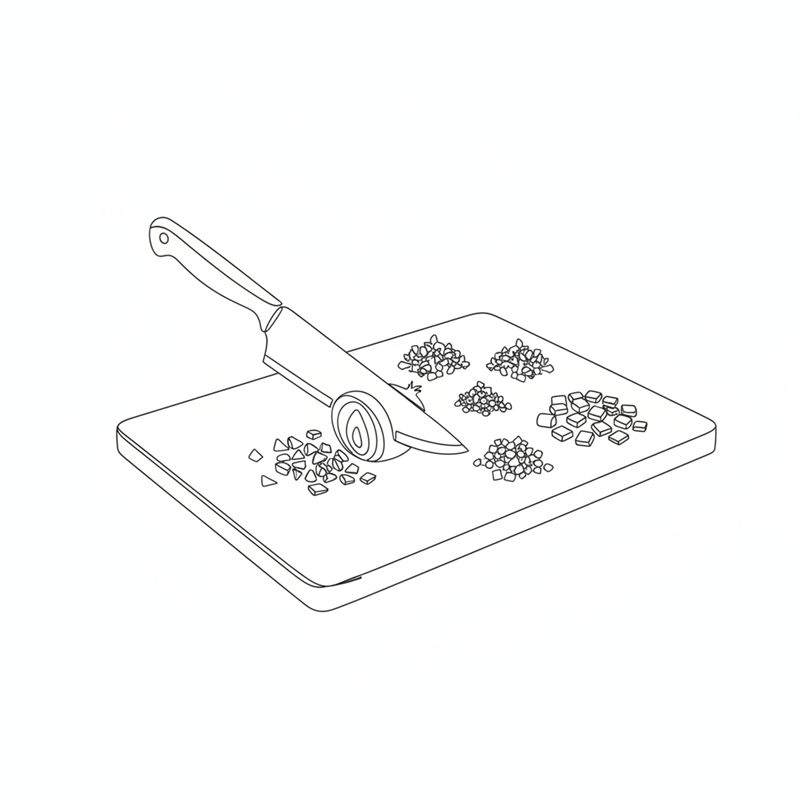 Illustration: ein Messer hackt auf einem Brett eine Zwiebel fein, daneben gehackter Knoblauch und kleine Würfel roter Paprika