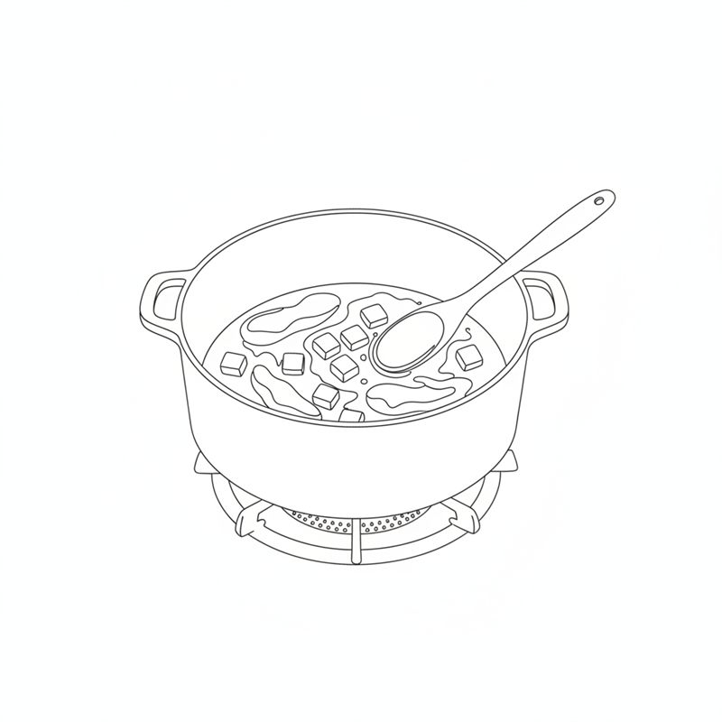 Illustration: Hähnchenstreifen und Chorizowürfel braten in einem tiefen Topf auf der Herdplatte, ein Holzlöffel liegt im Topf