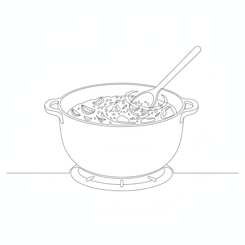 Illustration: ein Holzlöffel rührt ungekochten Reis und getrocknete Kräuter in den tiefen Topf auf der Platte