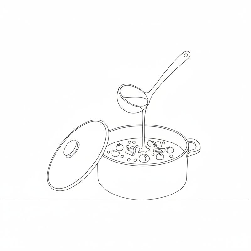 Illustration: eine Kelle gießt Brühe in den Topf mit Reis und gehackten Tomaten, der Deckel lehnt am Topf