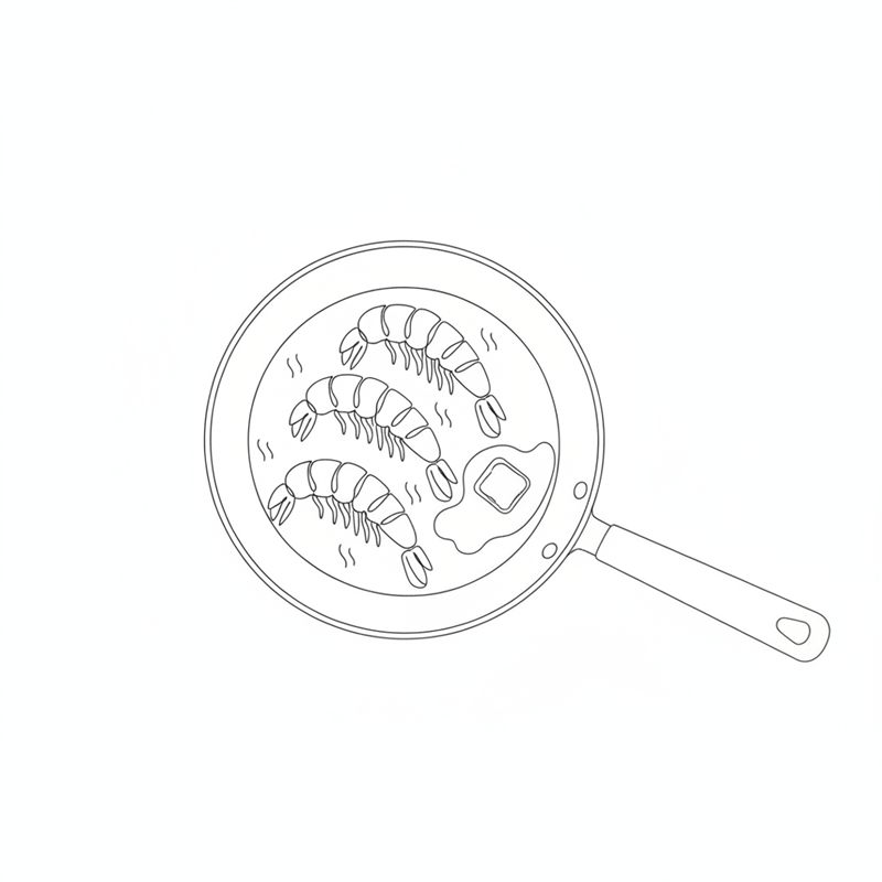 Illustration: Kaisergranat-Schwänze braten mit dem Rücken nach unten in einer Pfanne, dazu ein Stück Butter