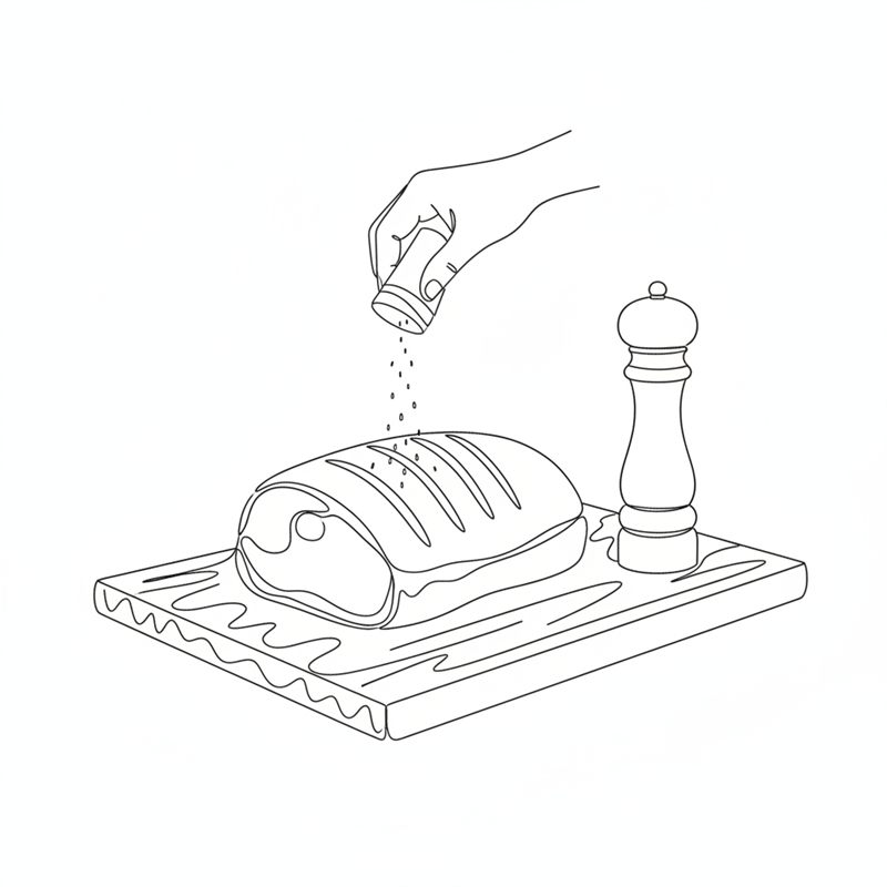 Illustration: Salz wird über einen eingeschnittenen Braten auf einem Schneidebrett gestreut, daneben steht eine Pfeffermühle