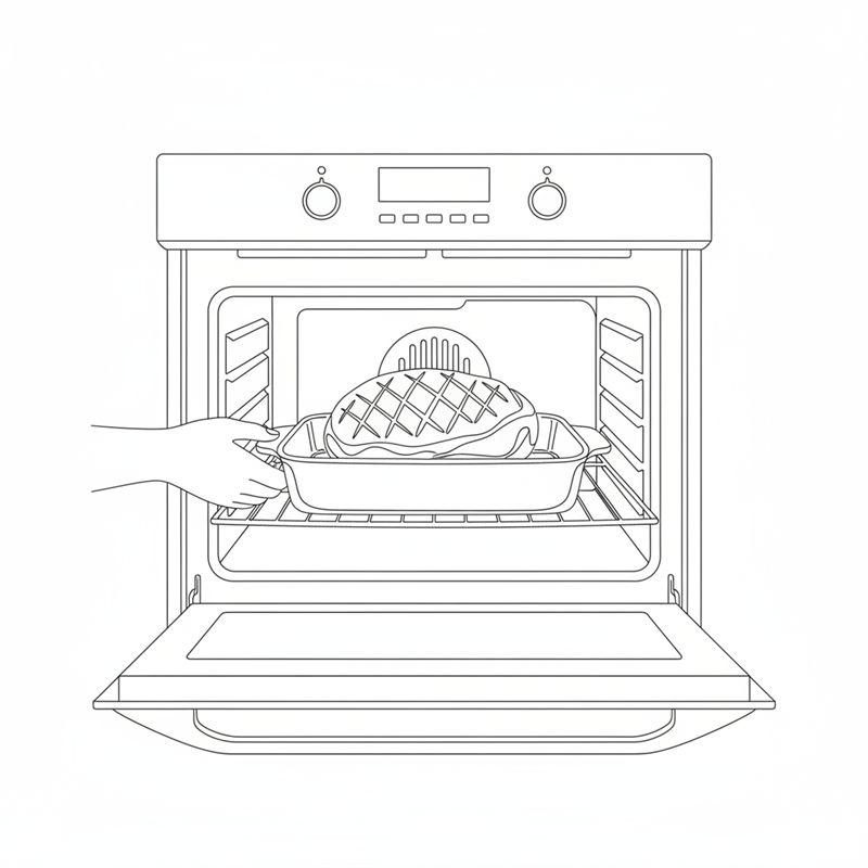 Illustration: ein eingeschnittener Braten in einer Auflaufform wird auf die mittlere Schiene eines geöffneten Backofens geschoben