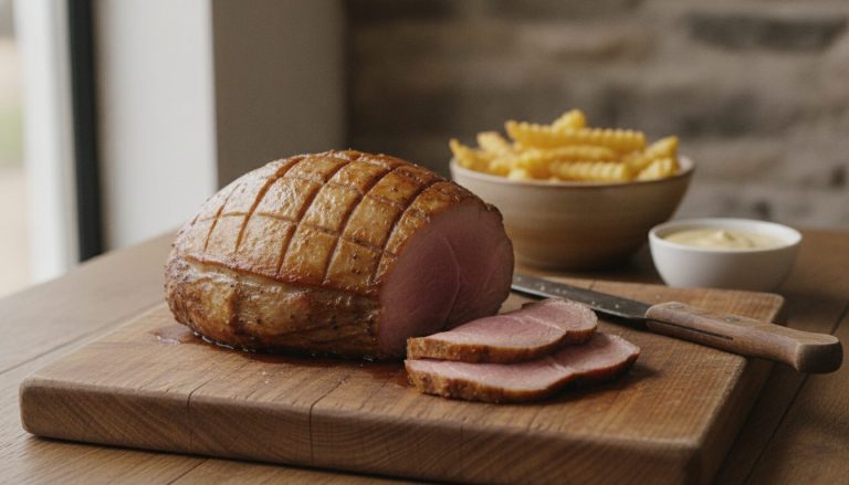 Gebratener Kalbstafelspitz mit rautenförmig eingeschnittener Fettschicht, auf einem Holzbrett in dünne rosa Scheiben aufgeschnitten, daneben ein Tranchiermesser, eine Schale Pommes frites und eine Schale helle Sauce