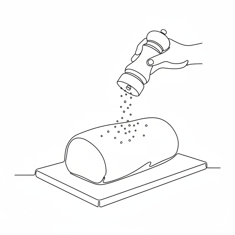 Eine Hand mahlt Gewürz aus einer Mühle über einen länglichen Braten, der auf einem Schneidebrett liegt