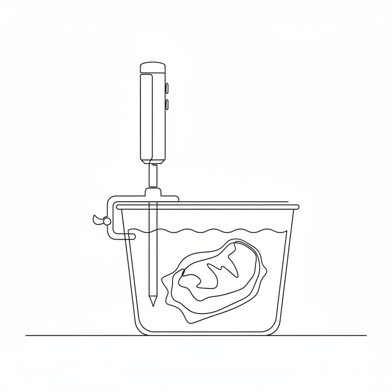 Ein Sous-vide-Stab ist am Rand eines durchsichtigen Wasserbehälters festgeklemmt, der Vakuumbeutel mit dem Fleisch liegt ganz unten im Wasser