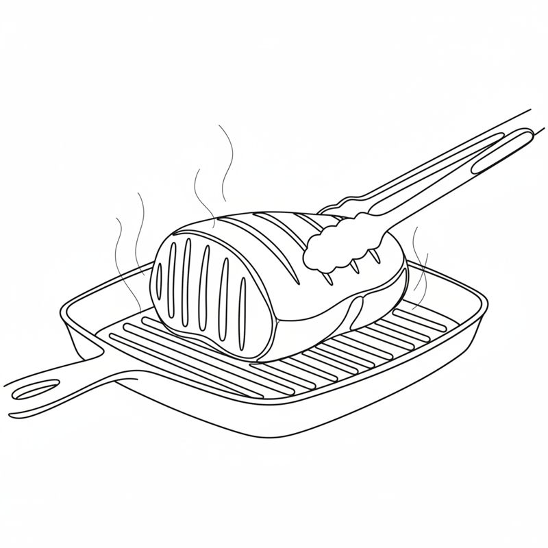 Ein Braten wird in einer geriffelten Grillpfanne angebraten, eine Zange wendet ihn