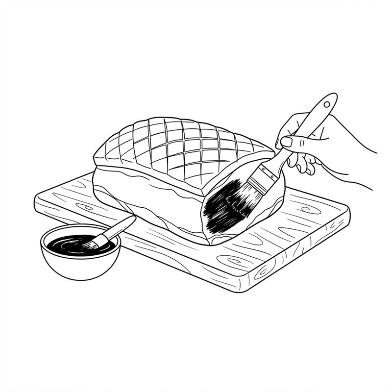 Ein Pinsel streicht dickflüssige Marinade auf die Seite eines Bratens, die Fettseite bleibt frei, daneben steht eine kleine Schale mit der Marinade