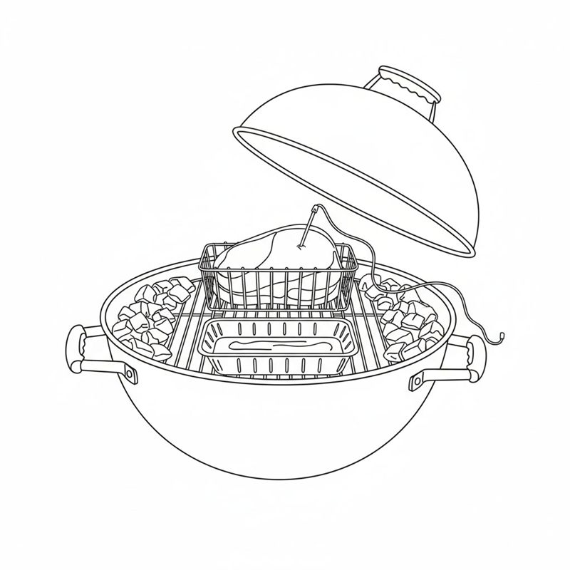 Der Braten steckt mit einem Grillthermometer im Fleisch in einem Metall-Bratenhalter mittig auf dem Grillrost im Kugelgrill, unter dem Rost eine Aluschale mit Wasser, links und rechts davon glühende Briketts, der Deckel ist angehoben