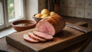 Gebratener Kalbstafelspitz mit glatter goldbrauner Fettschicht, in dünne Scheiben aufgeschnitten, deren Schnittflächen bis auf einen schmalen braunen Rand durchgehend rosa sind, auf einem Holzbrett mit Tranchiermesser, dahinter eine Schale Semmelknödel und eine Schale dunkle Bratensauce