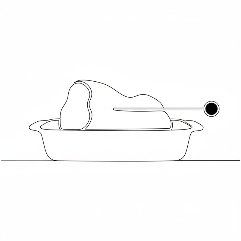 Illustration: ein Braten in einer Auflaufform, von der Seite gesehen, mit einem Bratenthermometer, das waagerecht durch die Seitenfläche bis in die Mitte des Fleisches geschoben ist