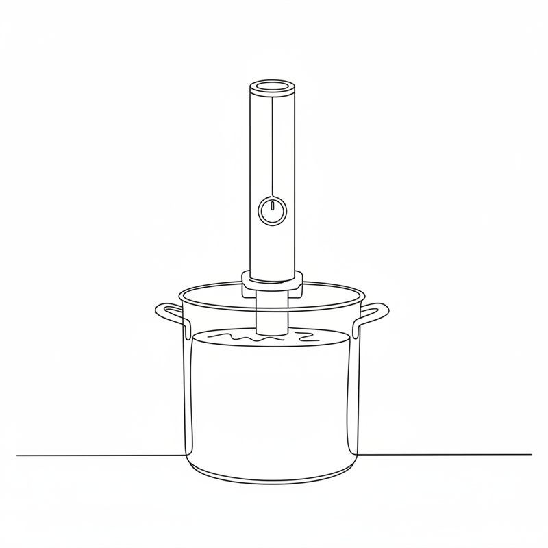 Illustration: ein Sous-vide-Stab, der am Rand eines hohen Topfes mit Wasser befestigt ist