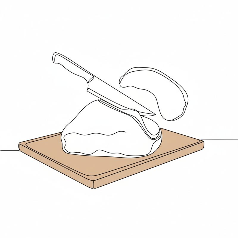 Illustration: ein Messer schneidet ein dickes Stück überschüssiges Fett von einem rohen Braten auf einem Schneidebrett ab