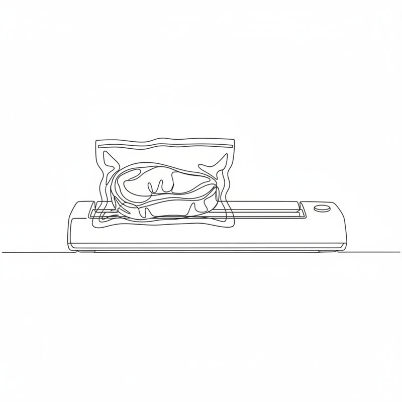 Illustration: ein roher Braten liegt in einem offenen Vakuumbeutel, dessen Öffnung im Vakuumiergerät liegt