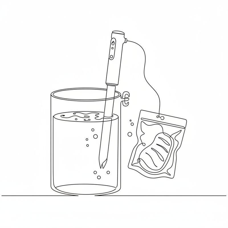 Illustration: ein verschlossener Vakuumbeutel mit Fleisch wird neben einen Topf mit Wasser und Sous-vide-Stab gehalten, bereit zum Einlegen