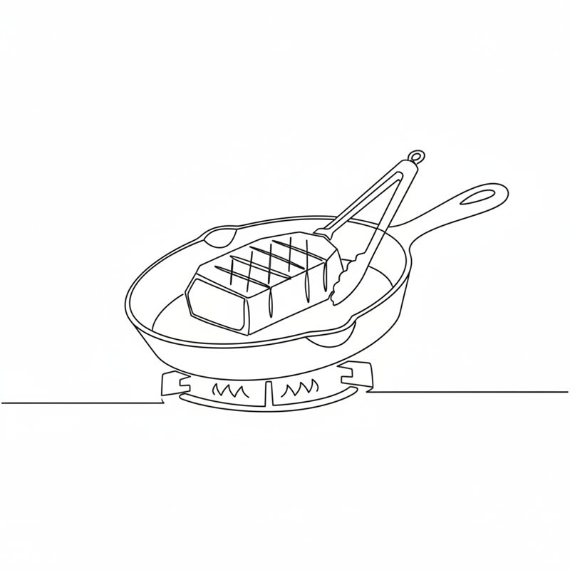 Illustration: ein Braten wird in einer Pfanne über der Flamme angebraten, eine Grillzange lehnt am Pfannenrand