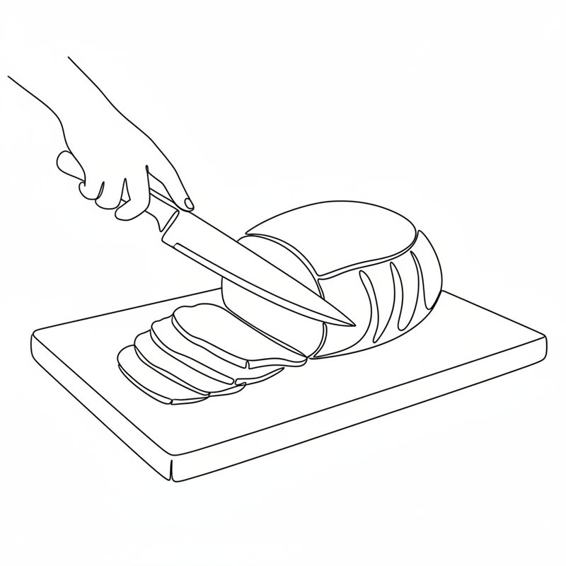 Illustration: eine Hand schneidet mit einem Messer einen fertigen Braten auf einem Schneidebrett in dünne Scheiben, die geschnittenen Scheiben liegen aufgefächert daneben