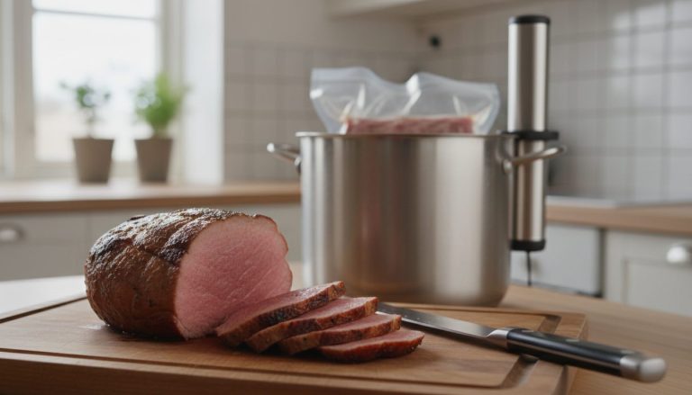 Angebratener Kalbstafelspitz, in dünne Scheiben geschnitten, die bis zum Rand gleichmäßig rosa sind, auf einem Holzbrett mit Tranchiermesser, dahinter ein hoher Topf mit Sous-vide-Stab und Vakuumbeutel