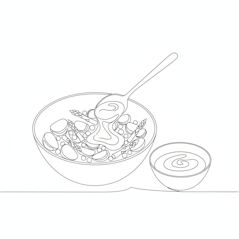 Eine große Schüssel leicht von oben gesehen mit halbierten Kartoffeln, Spargelstücken und Erbsen; ein großer Löffel gibt Dressing aus einer kleinen Schale dazu.