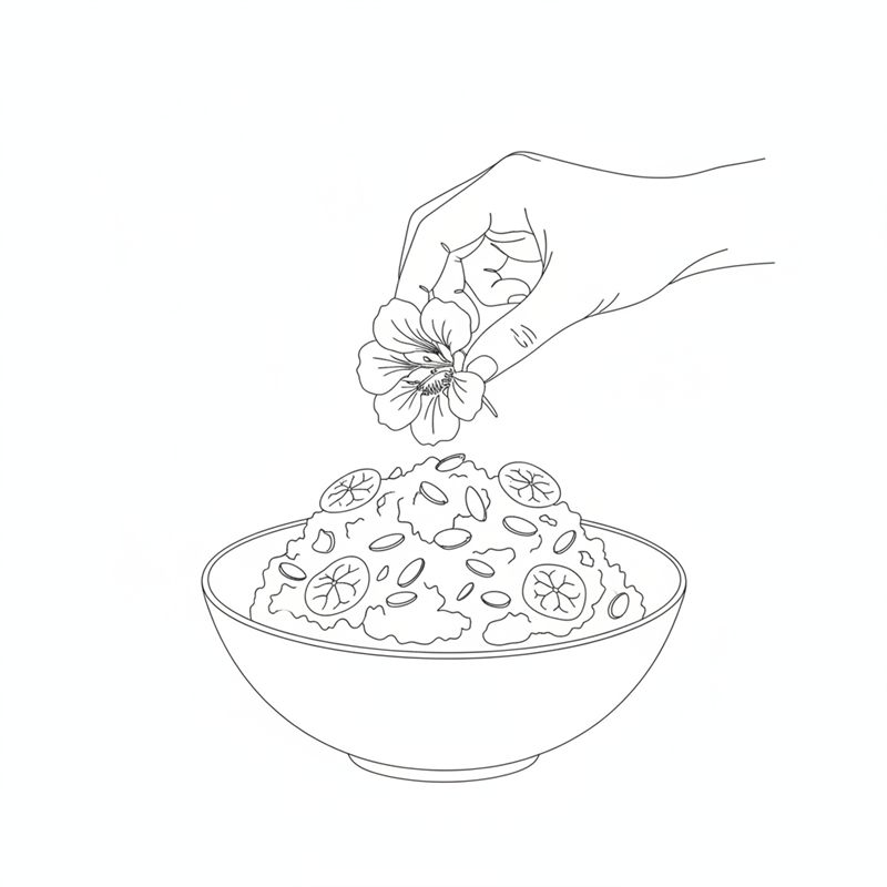 Eine Hand legt eine trichterförmige Kapuzinerkresseblüte auf den fertigen Salat; runde Blätter und gehackte Mandeln liegen auf dem Salat.