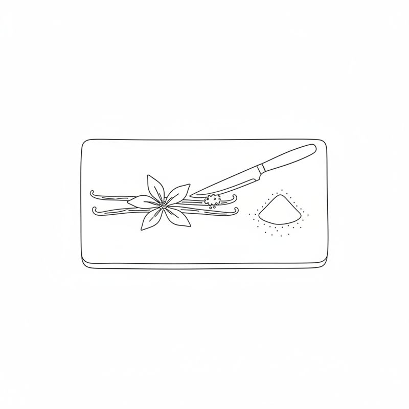 Illustration: Vanilleschoten und ein Messer auf einem Schneidebrett, daneben ein kleines Häufchen Zucker