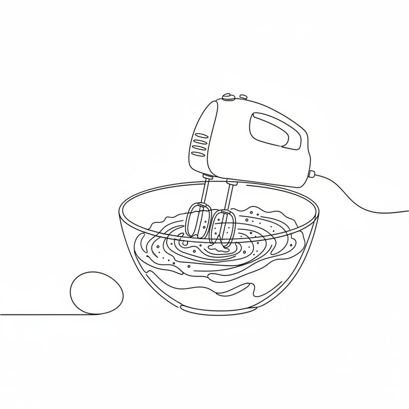 Illustration: ein Handrührgerät rührt Butter, Zucker und Vanillemark in einer Rührschüssel, daneben liegt ein Ei