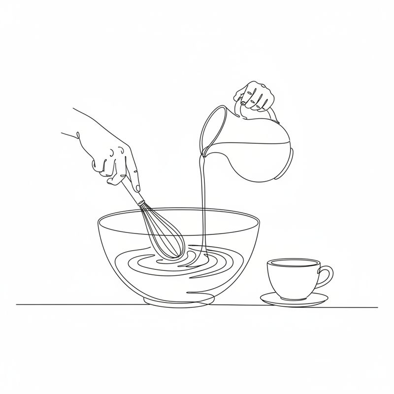 Illustration: ein Teig wird in einer Schüssel gerührt, während Milch aus einem Kännchen zugegossen wird, daneben steht eine Tasse Kaffee bereit