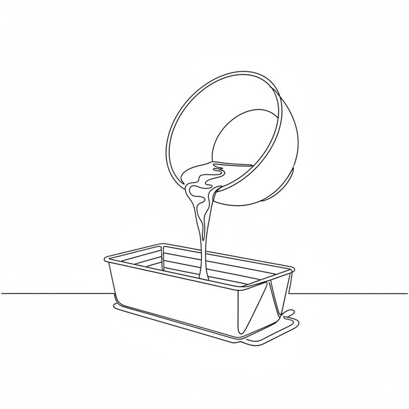 Illustration: dickflüssiger Kuchenteig wird aus einer Schüssel in eine gefettete Kastenform auf der Arbeitsplatte gegossen