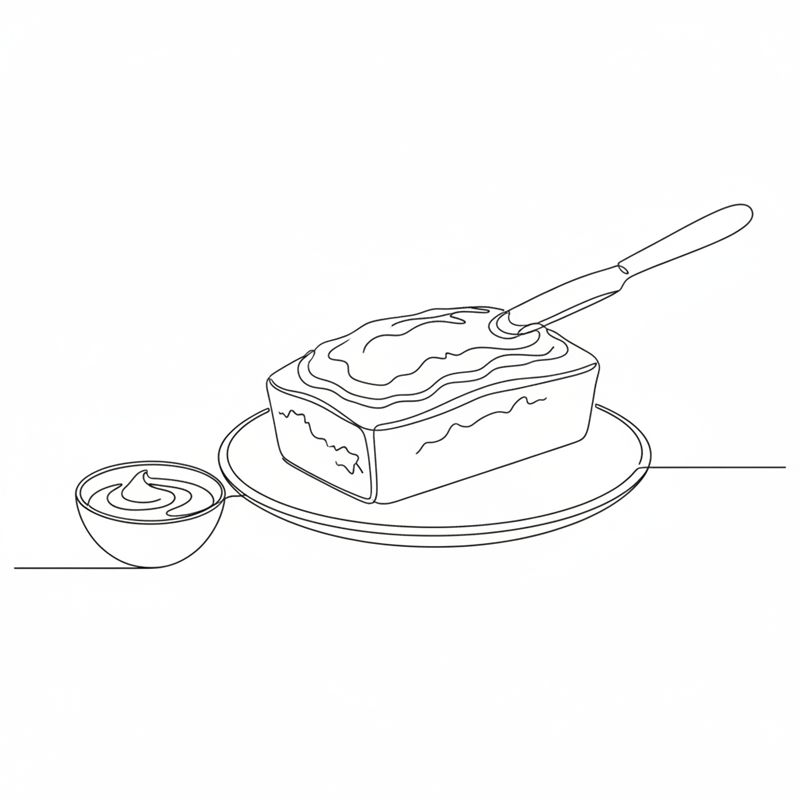 Illustration: eine Palette verstreicht Glasur auf einem ausgekühlten länglichen Kuchen auf einem Teller, daneben eine kleine Schüssel mit Glasur