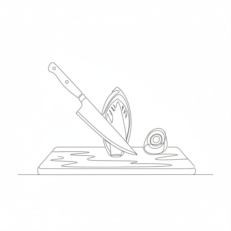 Illustration: ein Messer schneidet den Strunk aus dem Boden einer Chicoréestaude auf einem Schneidebrett, der herausgelöste Strunk liegt daneben