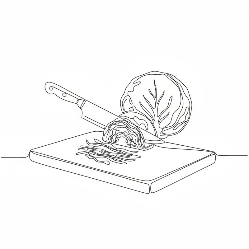 Illustration: ein Messer schneidet ein Stück Rotkohl auf einem Brett in feine Streifen, dahinter der restliche Kohlkopf