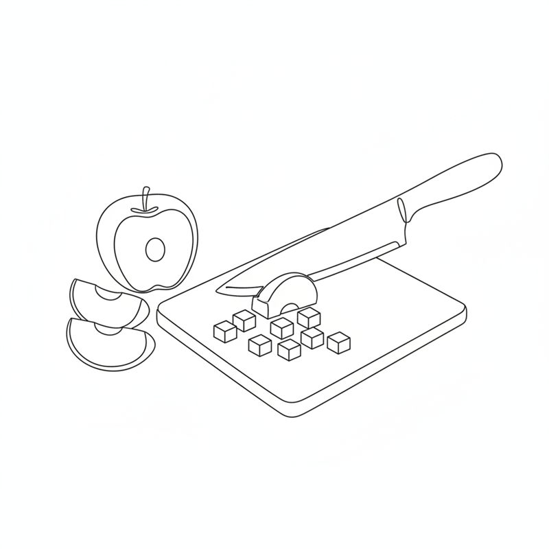 Illustration: ein Messer schneidet eine Apfelspalte auf einem Brett in kleine Würfel, daneben ein halbierter Apfel ohne Kerngehäuse
