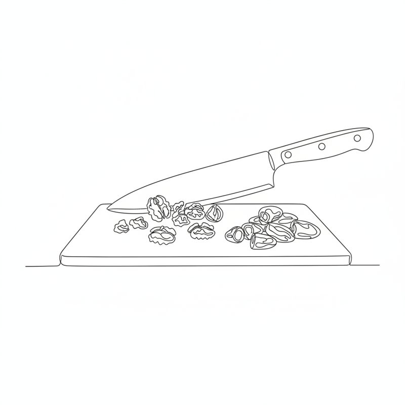 Illustration: ein Messer hackt Walnusskerne grob auf einem Brett, daneben in Stücke geschnittene Datteln
