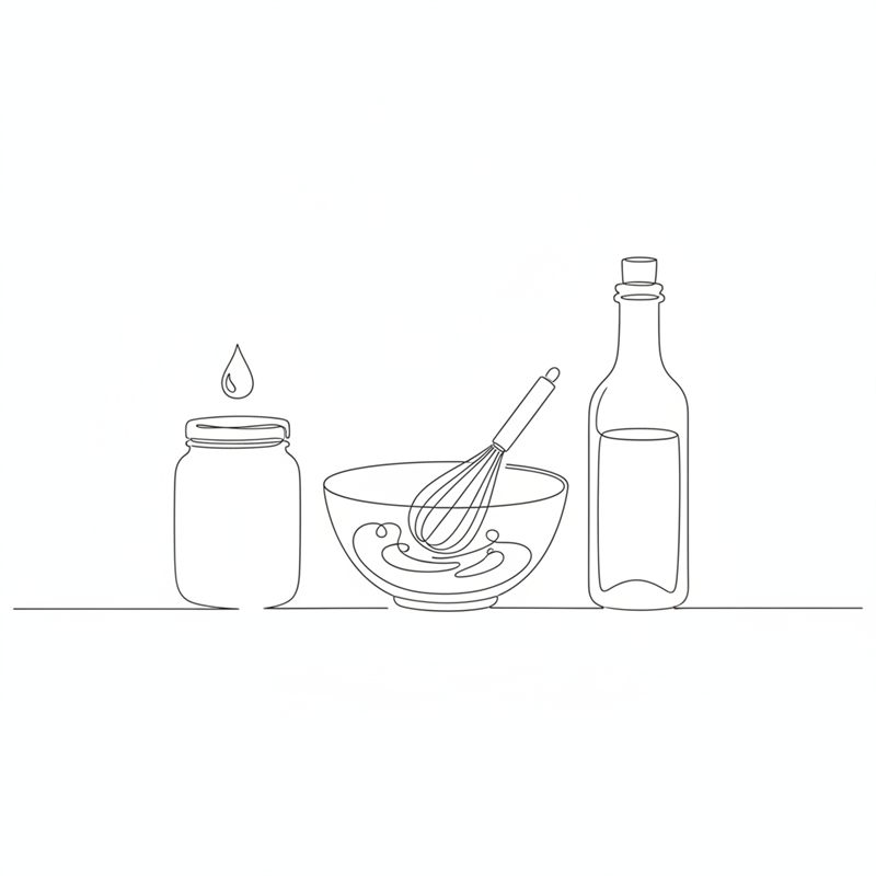 Illustration: ein Schneebesen rührt eine Vinaigrette in einer kleinen Schüssel an, daneben ein Honigglas und eine Essigflasche