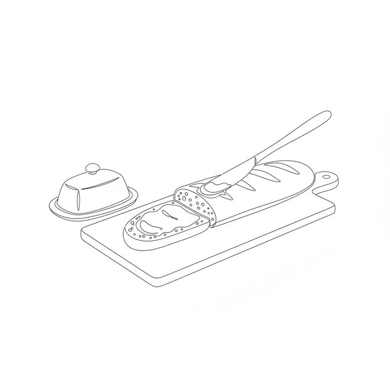 Ein Buttermesser streicht Butter auf ein aufgeschnittenes Baguette auf einem Schneidebrett; daneben steht eine Butterdose mit Deckel