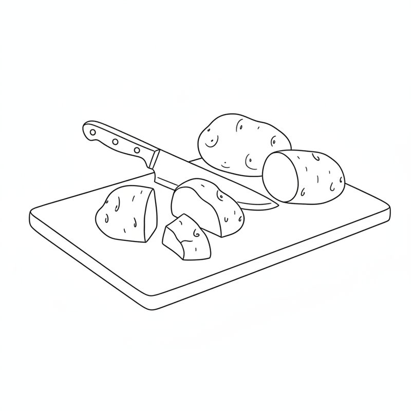 Drei Backkartoffeln auf einem Schneidebrett; zwei sind mit einem Kochmesser in grobe Stücke geschnitten, eine liegt noch ganz da
