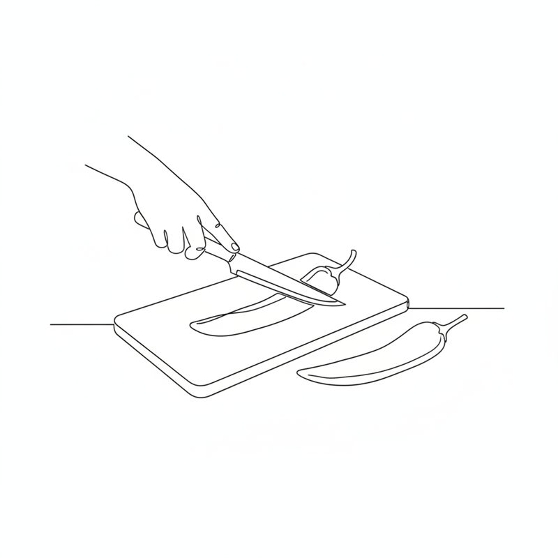 Eine Hand schneidet mit einem kleinen Messer eine Chilischote der Länge nach auf einem Schneidebrett auf; daneben liegt eine ganze Chili