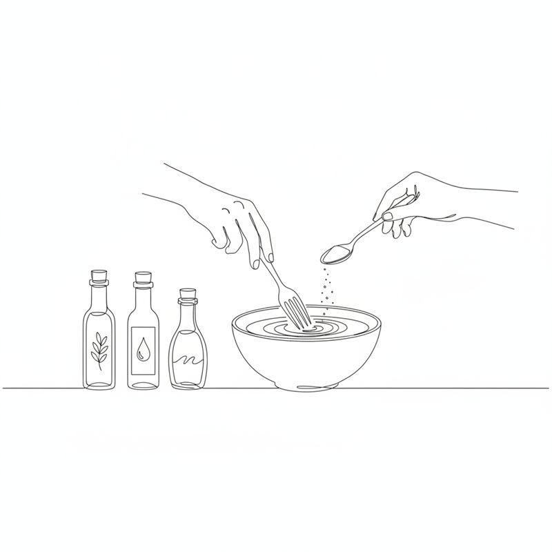 Eine Hand rührt mit einer Gabel in einer Schüssel, während eine zweite Hand mit einem Löffel Pulver hineinstreut; daneben stehen drei kleine Flaschen mit Öl, Essig und Sojasauce