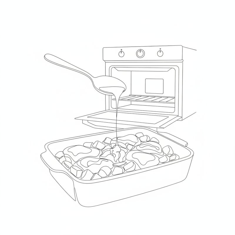 Ein Löffel gießt Marinade über Hähnchenschenkel und Kartoffeln in einer Auflaufform; dahinter steht ein geöffneter Backofen